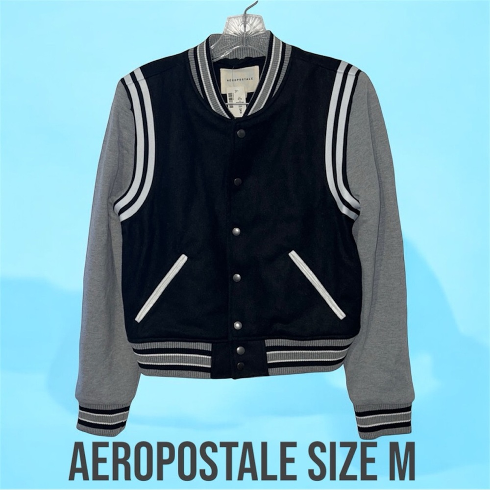 Aeropostale Varsity Front Snap Black and Gray Jacket Size Medium NWT